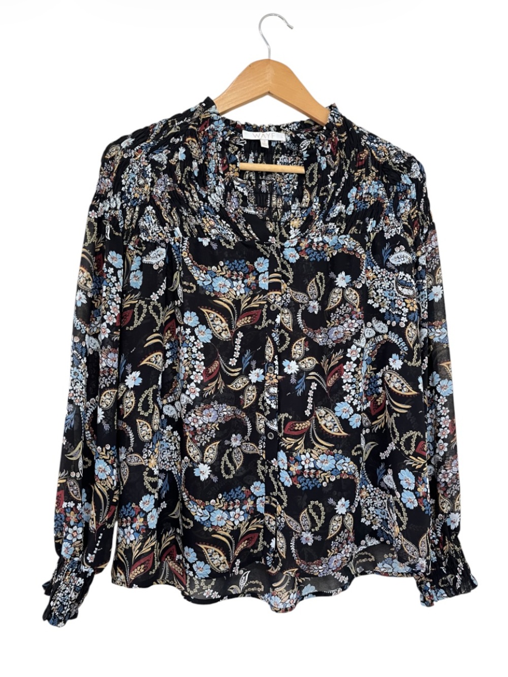 WAYF Smocked Floral Button-Front Semi Sheer Blouse